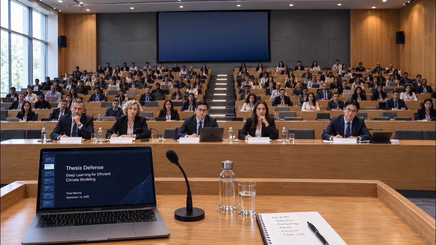 A thesis committee in a lecture hall